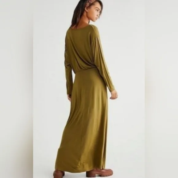 Free People Olive Asyssa Long Sleeve Jersey Maxi Wrap Dress Size Large - Picture 2 of 16